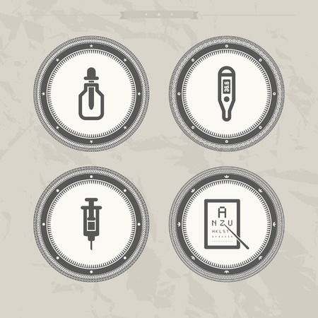 Healthcare and hospital theme icons - bottle and dropper, electronic thermometer, syringe, oculist alphabet test.のイラスト素材