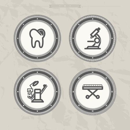 Healthcare and hospital theme icons - Tooth, Microscope, Dental-chair, Stretcher.のイラスト素材