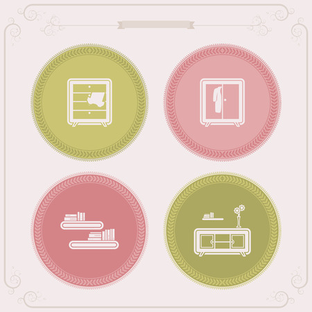 House related Objects from left to right - Closet, Wardrobe, Shelf, Rack.のイラスト素材