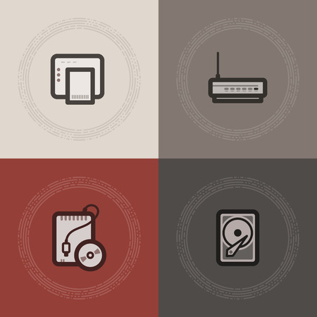 Computer parts and accessories, pictured here from left to right - ADSL modem, Wi-Fi Router, Portable CD-ROM Drive, Internal Hard Disk Drive.'Ring' Style Vector Icons Set saved as an EPS v.10のイラスト素材