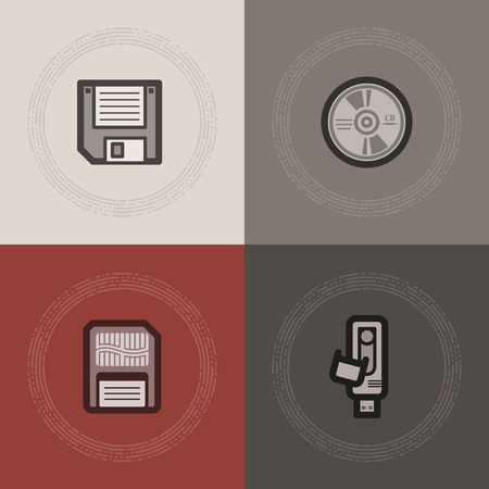 Computer parts and accessories, pictured here from left to right - 
3,5' diskette, CD-ROM disk, Memory Card, Pen Drive.
'Ring' Style Vector Icons Set saved as an EPS v.10のイラスト素材