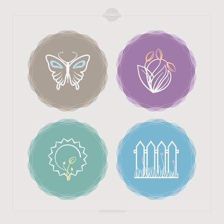 Four concept icons: spring, from left to right, top to bottom - 
Butterfly, Tulipes, Growing vegetable, Fence and grass. のイラスト素材