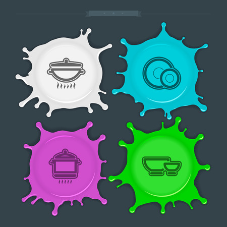 Cooking utensils, listed from left to right - 
Wok, Plate & dessert plate, Pot, Bowl. 
Splash Vector Icons Set saved as an EPS v.10のイラスト素材