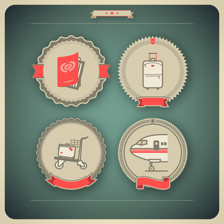 All icons in relation to summer vacation time, pictured here from left to right, top to bottom -  
Passport, Suitcase (Luggage), Luggage cart, Airplane. 
のイラスト素材