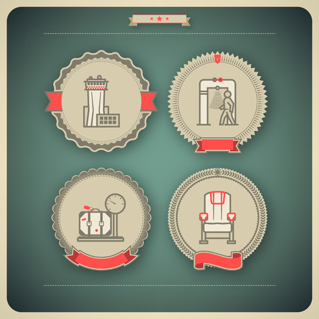All icons in relation to summer vacation time, pictured here from left to right, top to bottom - 
Air traffic control tower, Security scanner, Scale, Plane seat. 
Vector icon badges set (transparent shadow applied in this file) のイラスト素材