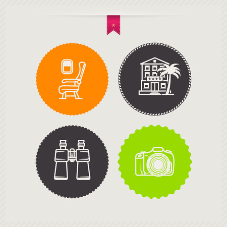 4 icons in relations to summer vacation time, pictured here from left to right, top to bottom - 
Airplane seat, Hotel, Binoculars, Photo Camera. 
のイラスト素材