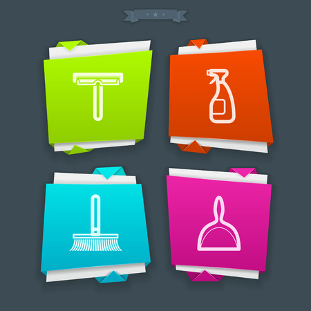 Cleaning items and other related cleaning tools, from left to right - 
Squeegee, Window spray, Brush, Scoop.  
Folded Vector Icons Set saved as a EPS v.10.のイラスト素材