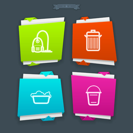 Cleaning items and other related cleaning tools, from left to right - 
Vacuum cleaner, Waste bin, Wash basin, Bucket
Folded Vector Icons Set saved as a EPS v.10.のイラスト素材