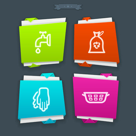 Cleaning items and other related cleaning tools, from left to right - 
Valve, Rubbish bag, Rubber gloves, Laundry basket. 
Folded Vector Icons Set saved as a EPS v.10.のイラスト素材