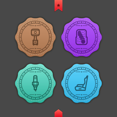 Car parts and accessories, from left to right - 
Piston, Automatic Gear Shift, Spark plug, Car seat. 
Leather style vector Icons set (with some transparent object used) saved as EPS v. 10)のイラスト素材