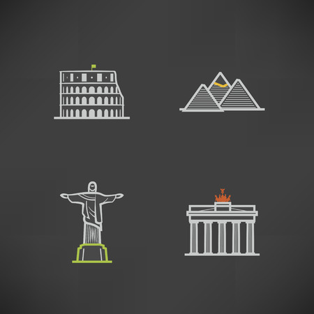 Most famous Architecture Landmarks Around the World, pictured here from left to right, top to bottom - 
Colosseum (Italy), Pyramids (Egypt), Christ the Redeemer Statue (Brasil), Brandenburg Gate (Germany).
のイラスト素材