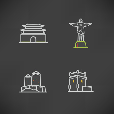 Most famous Architecture Landmarks Around the World, pictured here from left to right, top to bottom - 
Namdaemun-Sungnyemun (Korea), Christ the Redeemer (statue), Brasil, Suomenlinna Castle (Finland), Belem Tower (Portugal),  
のイラスト素材