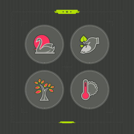 Four concept icons: spring, from left to right, top to bottom - 
Swan, Growing plant, Spring tree, Temperature. 
のイラスト素材
