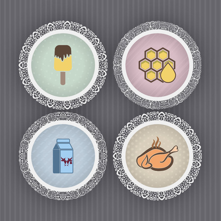 Drink & food icons set, from left to right, top to bottom:  
Ice cream, Honeycomb, Milk box, Baked chicken. 
Plate-style のイラスト素材