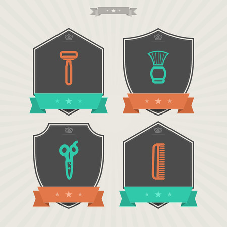 Bathroom Utensils and other related everyday things, from left to right - 
Razor, Shaving brush, Scissors, Comb. 
Shields Vector Icons Set, some transparency objects used to design itのイラスト素材