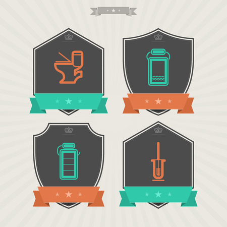 Bathroom Utensils and other related everyday things, from left to right - 
Toilet, Towel, Toilet paper, Toilet brush. 
Shields Vector Icons Set, some transparency objects used to design itのイラスト素材