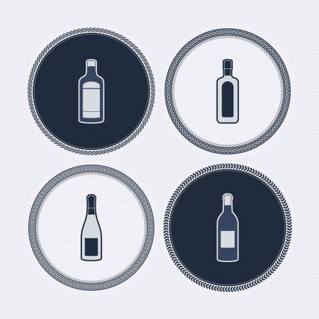 4 alcohol bottles icons shows off different bottles shapes like a vodka and a beer. Pictured here from left to right -  Whiskey bottle, White wine glass, Red wine bottle, Gin bottle. Marina Vector Icons Set saved as an EPS v.10のイラスト素材
