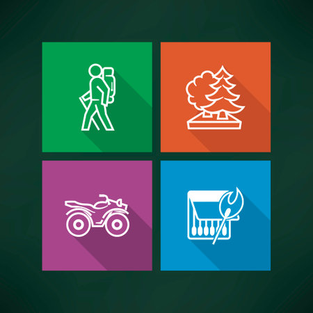 4 icons in relations to summer outdoor activity, pictured here from left to right, top to bottom -  Backpacker (hiker, trekker), Forest, Quad bike, Burning match. Vector icons made in metro flat UI style saved as an EPS version 10.のイラスト素材