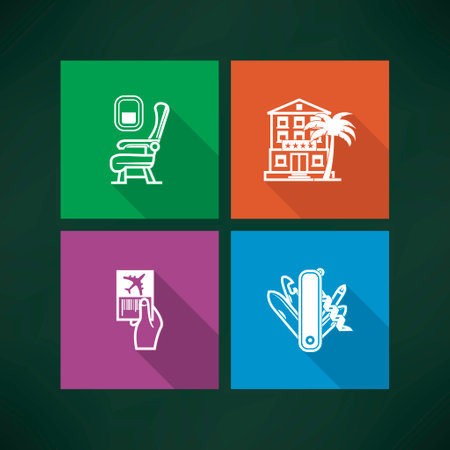 4 icons in relations to summer vacation time, pictured here from left to right, top to bottom - Airplane seat, Hotel, Ticket, Swiss army knife. Vector icons made in metro flat UI style saved as an EPS version 10.のイラスト素材