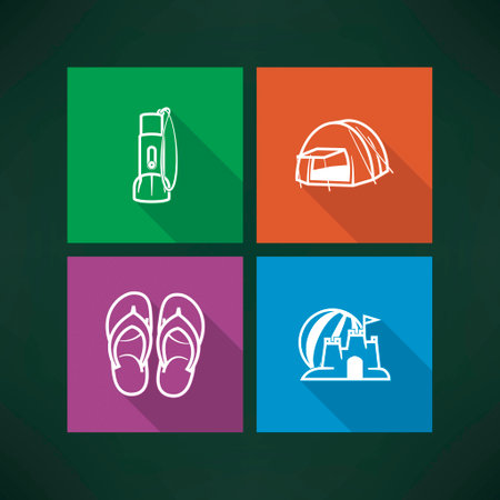 4 icons in relations to summer vacation time, pictured here from left to right, top to bottom - Flashlight, Tent, Flip-flops, Sand castle and beach ball. Vector icons made in metro flat UI style saved as an EPS version 10.のイラスト素材