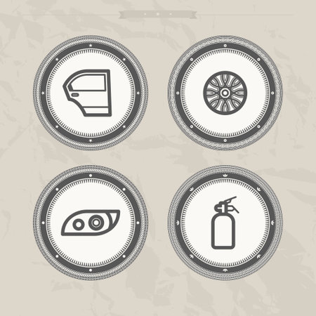 Car parts and accessories, from left to right - 
Car door, Rim wheel, Head lamp, Fire extinguisher.
MonoBrown icons setのイラスト素材