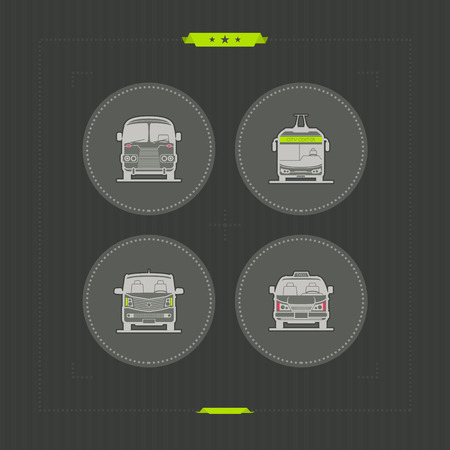 Public transport - various land vehicles, pictured here from left to right, top to bottom - 
Old fashion bus, Trolleybus, Minibus, Taxi car. 
NeonGrey Vector Icons のイラスト素材