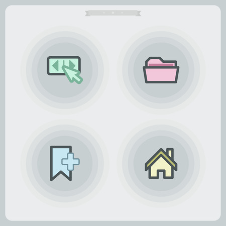 Web icon set, pictured here from left to right - 
Forward/backward button, Folder, Bookmark, Home button.
'Pastel' Style Vector のイラスト素材