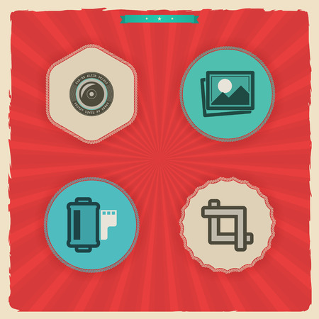 Photography tools & equipment icons set, pictured here from left to right, top to bottom - Camera lens, Pictures, Photo icon, Film strip, Camera film, Crop Tool.のイラスト素材