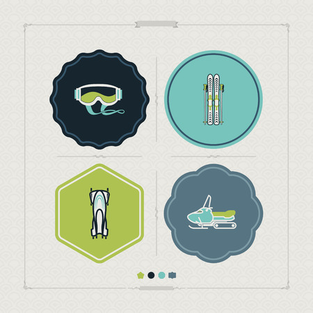 4 icons (objects) to show different kind of winter sports. Pictured here left to right, top to bottom - 
Goggles, Skis and poles, Bobsleigh, Snowmobile.  のイラスト素材