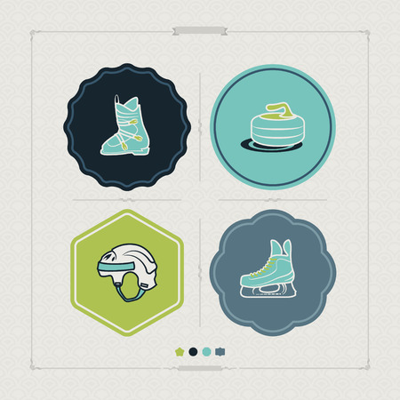 4 icons (objects) to show different kind of winter sports. Pictured here left to right, top to bottom - 
Ski boot, Curling, Hockey helmet, Ice skate.   のイラスト素材
