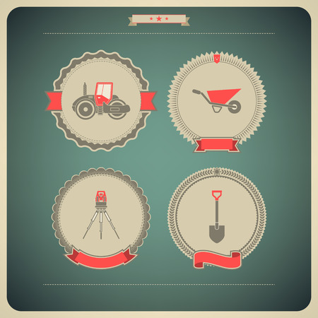 4 icons from Construction Industry theme, from left to right, top to bottom - 
Road roller, Wheelbarrow, Theodolite, Shovel (Spade).  のイラスト素材
