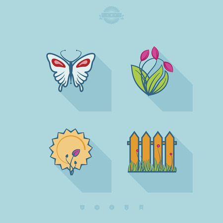 Four concept icons: spring, from left to right, top to bottom: 
Butterfly, Tulipes, Growing vegetable, Fence and grass.のイラスト素材