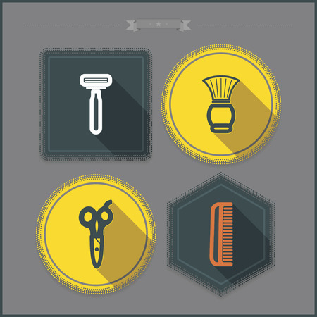 Bathroom Utensils and other related everyday things, from left to right - Razor, Shaving brush, Scissors, Comb.のイラスト素材