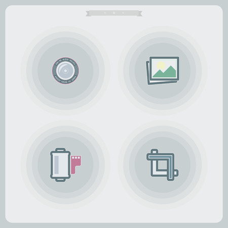 Photography tools & equipment icons set, pictured here from left to right - Camera lens, Pictures,...