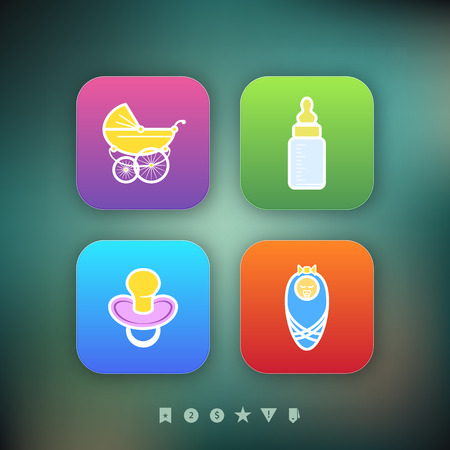 Four icons in relation to a Baby born time / Baby care objects, pictured here from left to right, top to bottom: 
Baby buggy, Baby bottle, Baby teat, Newborn Baby.のイラスト素材