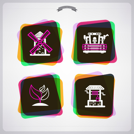 Farm (agriculture) signs, from left to right, top to bottom -  
Windmill, Combine harvester, Growing plant, Water well.のイラスト素材
