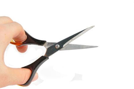 photo obtuse scissors kept his fingers. Photo taken on a white background.