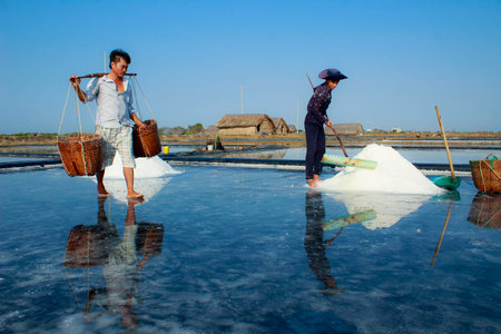 Making salt is a very hard job. Workers must carry 20-30 kg of salt on their shoulders. This is a series of photos of salt workers in a coastal district of Viet Namのeditorial素材
