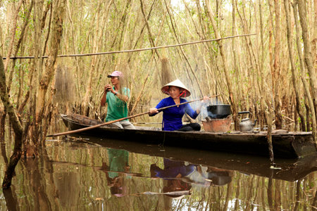The author took a photo shoot on Sunday morning October 11, 2020. Location in Long An province, Vietnam. Content: the couple is cooking in the Melaleuca forest.のeditorial素材