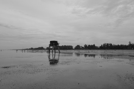 Time: Tuesday morning, October 27, 2021. Location: Can Gio District, Ho Chi Minh City. Black and white landscape photo: a seaside baseball village at dawn.のeditorial素材