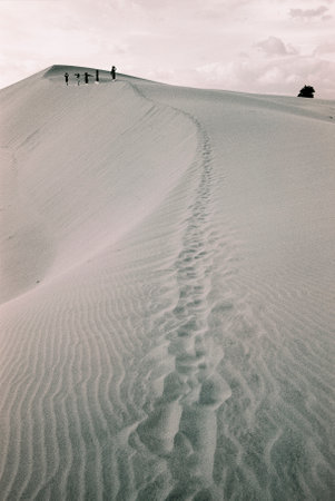 Black and white landscape photo film: girls in Nam Cuong sand dunes. Time: Saturday afternoon, February 5, 2022. Location: Ninh Thuan province.のeditorial素材
