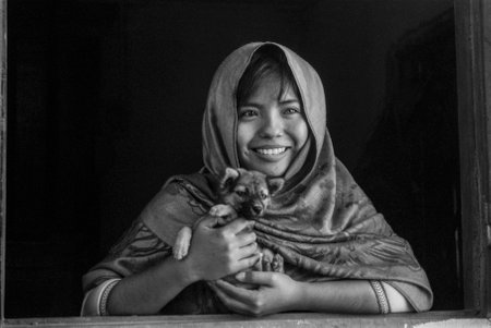 Black and white portrait photo film: blue-eyed girl. Time: Friday afternoon, February 4, 2022....