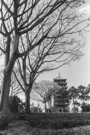 Black and white landscape photo film: Bat Nha pagoda. Time: Saturday morning January 29, 2022. Location: Bao Loc city, Lam Dong province.のeditorial素材