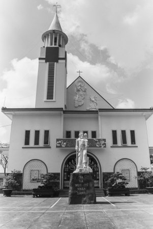 Black and white landscape photo film: Man Coi Tan Ha church. Time: Saturday morning January 29, 2022. Location: Location: Bao Loc city, Lam Dong province.のeditorial素材