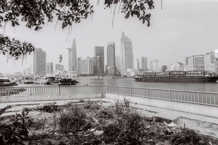 Black and white landscape photo film: street life in Ho Chi Minh city. Time: February 22, 2022. Location: Ho Chi Minh cityのeditorial素材