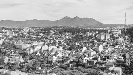 Black and white landscape photo film: street life in DaLat city. Time: March 5, 2022. Location:...