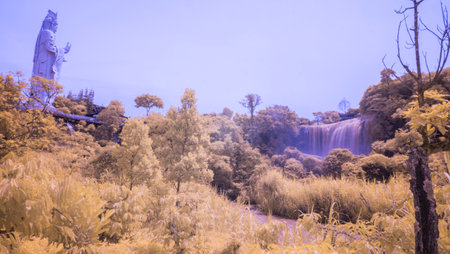 Landscape photo infrared: Elephant waterfall. Elephant waterfall is up to 30 meters high, more than 15 meters wide. TTime: July 28, 2022. Location: Lam Dong province.の写真素材