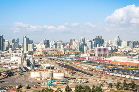 SAN DIEGO - DECEMBER 20, 2013  industrial area in San Diego downtown viewed from Coronado Bridge  San Diego hosts several major producers of wireless cellular technology and software companies のeditorial素材