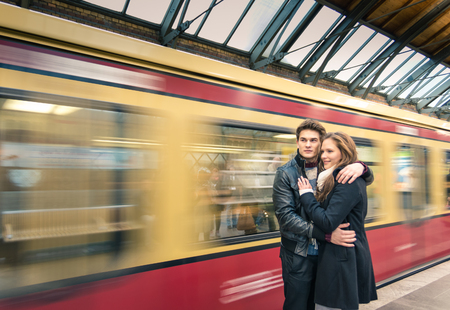 Couple in Love at the train Stationの写真素材
