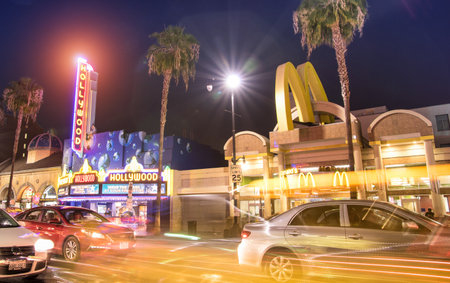LOS ANGELES - MARCH 20, 2015: side view of world famous Hollywood Boulevard by night. In 1958, the Walk of Fame was created on this street as a tribute to artists working in entertainment industryのeditorial素材